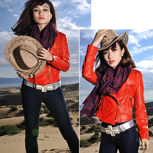 Fashion 2012 women's slim motorcycle suit turn-down collar short design sheep leather clothing leather clothing og-087