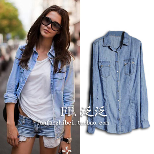 Fashion 2012 Women's Water Washed Denim Jeans T Shirt,Long-sleeve Slim Women Blouses,Free Shipping