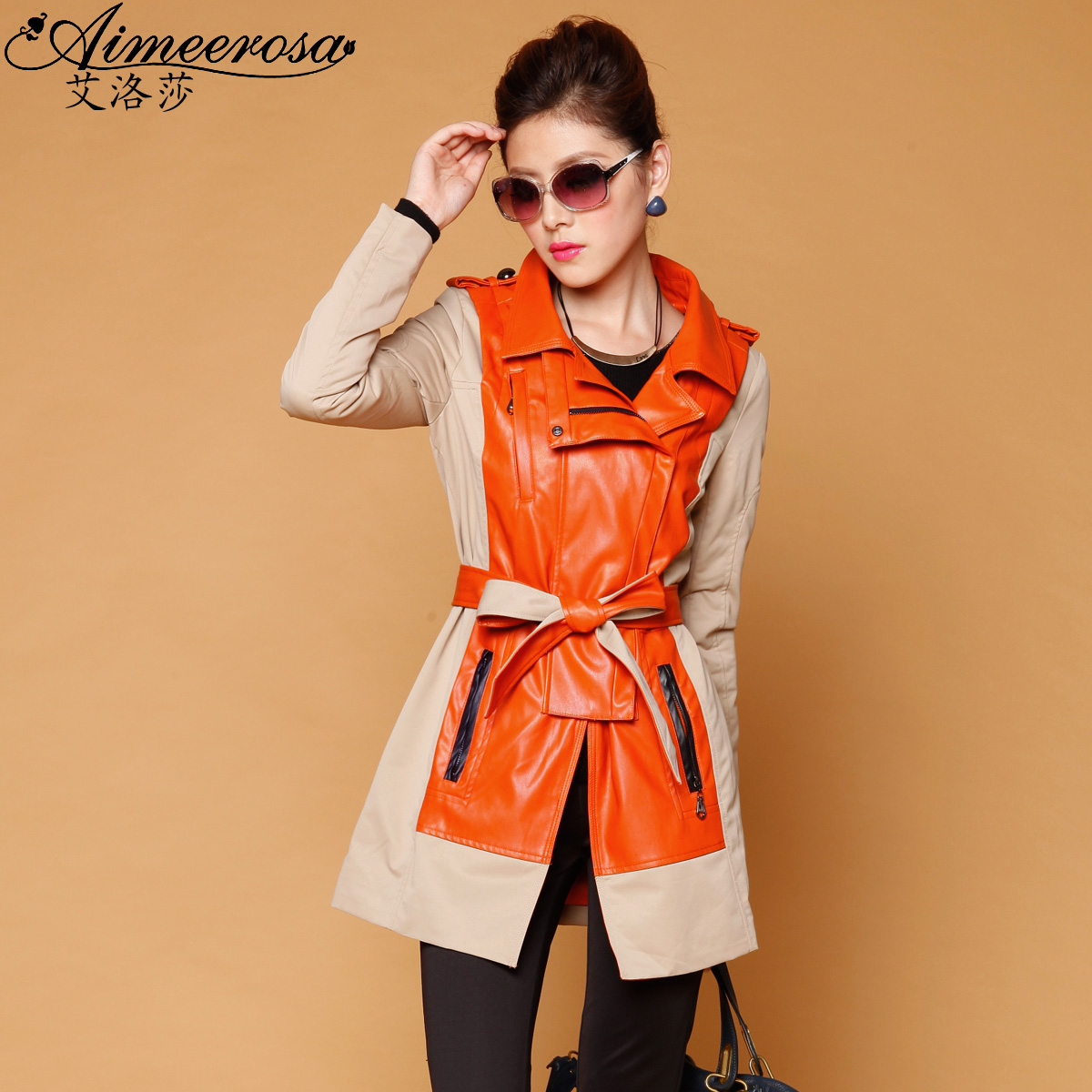 Fashion 2013 autumn women's patchwork PU slim trench medium-long turn-down collar Contrast color wind coat OUTWEAR