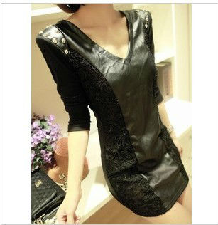 Fashion 2013 ladies' Spring black aristocratic self-cultivation sexy  patch leather club dressQZ39