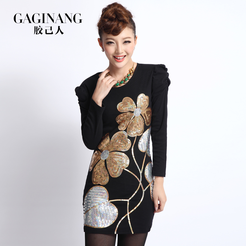 Fashion 2013 spring new arrival women's one-piece dress paillette long-sleeve o-neck slim plus size medium-long female