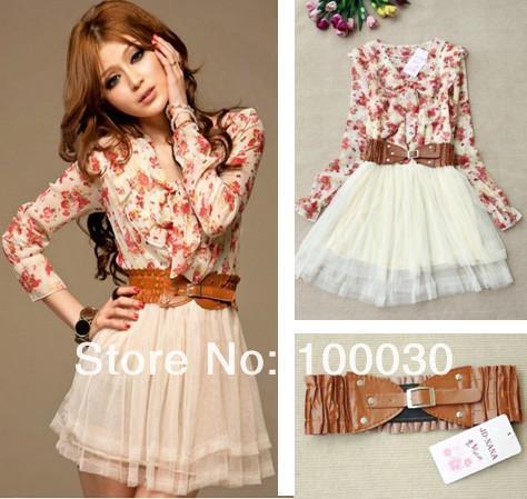 Fashion 2013 Women Stylish Chiffon Sexy Dress Floral Bowtie Tunic Tulle Pleated Dress Print Mini skirt with Belt Free shipping