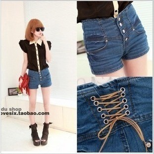 Fashion a487 2012 summer women's back lacing high waist denim shorts