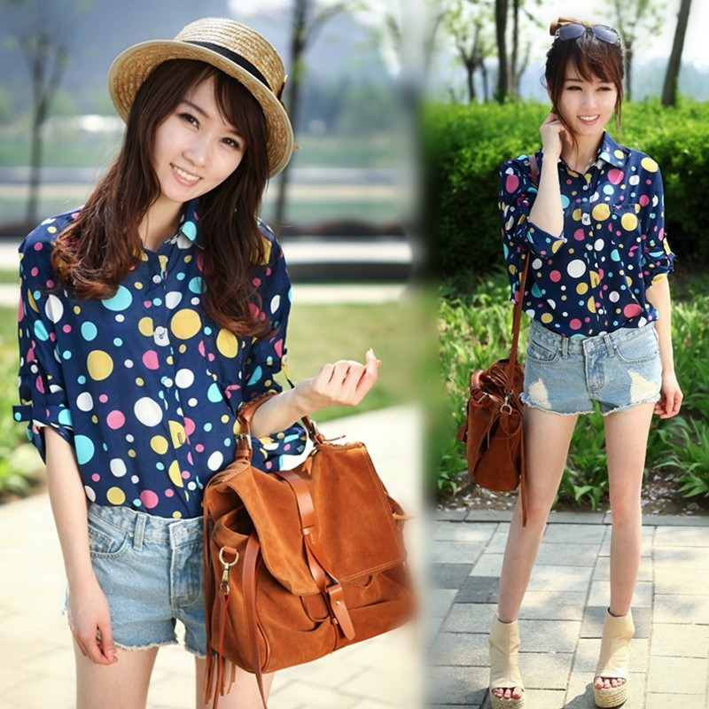 Fashion all-match turn-down collar multicolour polka dot loose long-sleeve chiffon blouse women shirt