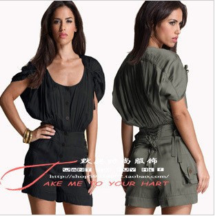 Fashion Army Green jumpsuit high waist vintage one-piece shorts