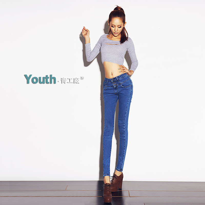 Fashion autumn and winter blue mid waist jeans pants tight pencil pants trousers