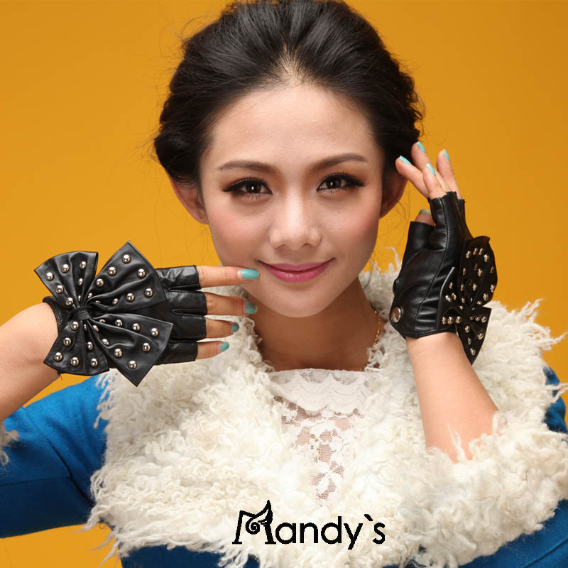 Fashion autumn and winter fashion big bow rivet female semi-finger gulps half genuine leather sheepskin gloves