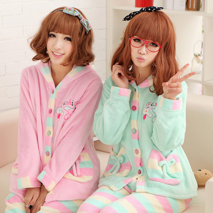 Fashion autumn and winter fresh sweet stripe with a hood women's coral fleece sleep set lounge