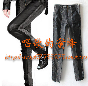 Fashion autumn and winter leather patchwork faux denim basic female trousers elastic pencil pants 818