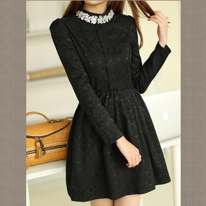 Fashion autumn and winter long-sleeve basic skirt rhinestone jacquard plus size winter one-piece dress small