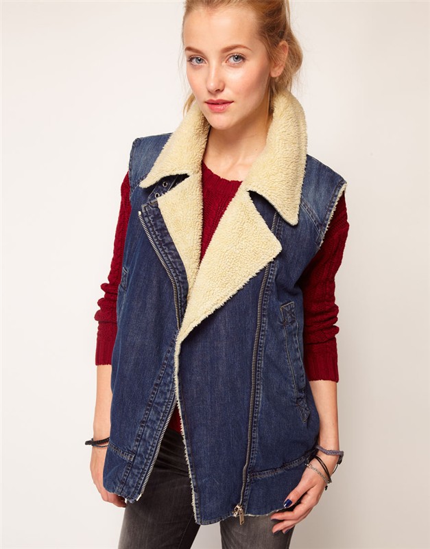 Fashion autumn and winter  water wash denim thickening lamb's vest zipper motorcycle vest outerwear female Free Shipping.