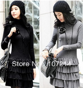 Fashion autumn and winter women fashion long-sleeve slim solid color layered knitted basic one-piece lady dress sweater