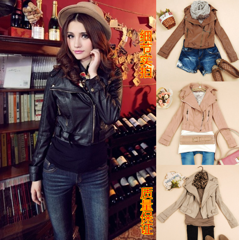 Fashion autumn and winter women stand collar short motorcycle design slim PU clothing women's jacket short jacket