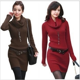 Fashion Autumn Long Sleeve High Collar Knitted Belted Sweater Slim Mini Dress Women 4 Colors Free Shipping