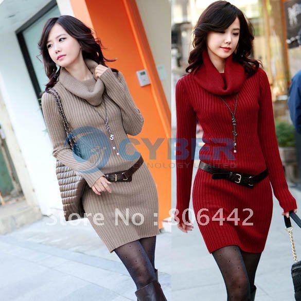 Fashion Autumn Long Sleeve High Collar Knitted Sweater Slim Mini Dress Women 4 Colors Free Shipping