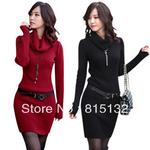 Fashion Autumn Long Sleeve High Collar Knitted Sweater Slim Mini Dress Women 4 Colors Free Shipping