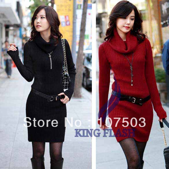 Fashion Autumn Long Sleeve High Collar Knitted Sweater Slim Mini Dress Women 4 Colors Free Shipping7865