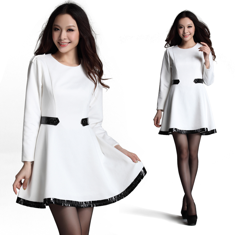 Fashion autumn new arrival patent leather patchwork slim waist gentlewomen one-piece dress