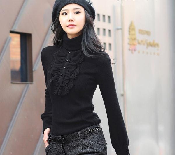 Fashion Autumn new Korean version of Women lace long-sleeved T-shirt with high collar bottoming shirt