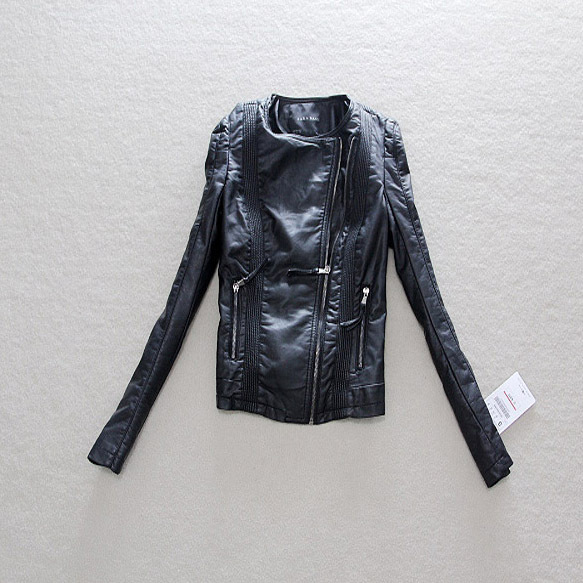 Fashion autumn outerwear short design vertical stripe black slim motorcycle women's PU water washed leather small leather