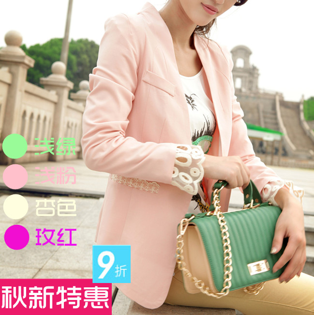 Fashion autumn pocket patchwork cutout slim lace suit coat female