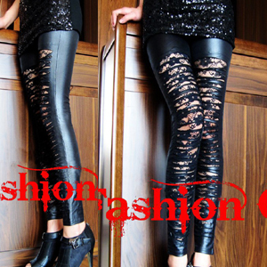 Fashion autumn punk lace matt faux leather hole beggar pants ankle length trousers legging