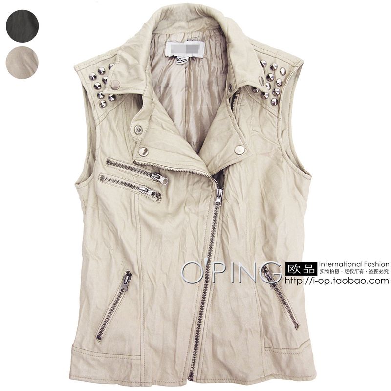 Fashion autumn rivet punk pleated motorcycle water wash oblique zipper short design leather clothing leather vest