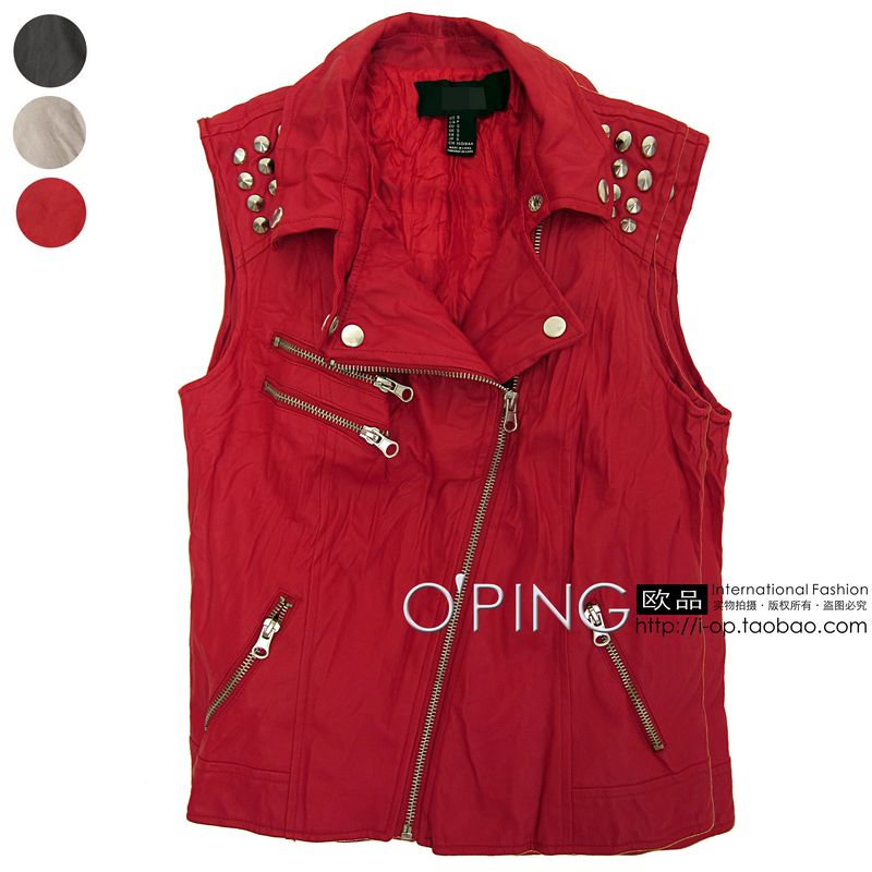 Fashion autumn rivet punk pleated motorcycle water wash oblique zipper short design leather clothing leather vest -vt