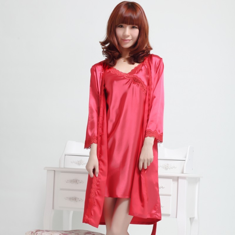 Fashion Autumn silk quality faux silk pure red sexy one piece robe Women set