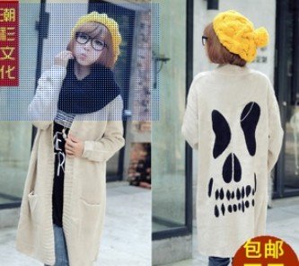 Fashion Autumn & Winter Korean Style Loose Long-sleeve Skull Cardigan Warm Sweaters Women,  Long Swearshirt Coat, Free Shipping