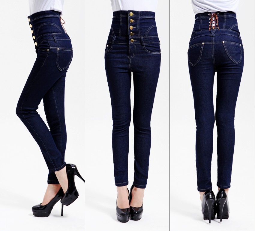 fashion autumn women's slim single breasted high waist denim jeans plus size skinny trousers pencil pants for ladies