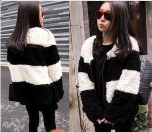 Fashion black and white stripe berber fleece positive and negative two ways thickening outerwear 863