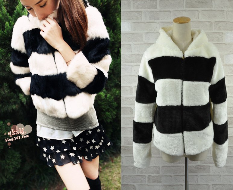 Fashion  black-and-white stripe thermal with a hood coat / free shipping