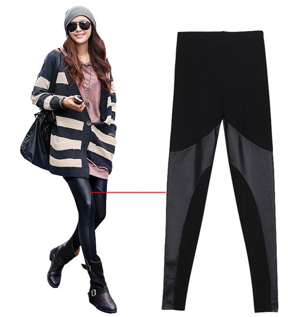 Fashion Black Cotton Splice Leather Leggings,Sexy Tights Pants For Women,Free Shipping