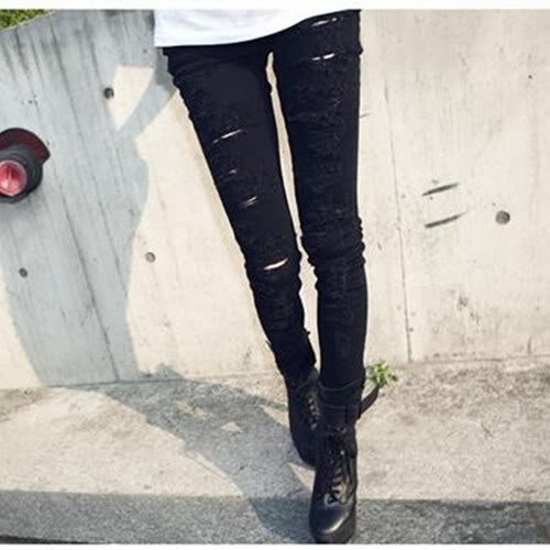 Fashion Black Cut-out Skinny Punk Women Ripped Pants Jeans Jeggings Trousers New[040222]