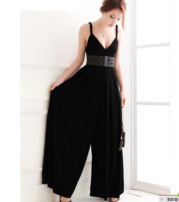 Fashion black deep V-neck spaghetti strap jumpsuit  womens overalls