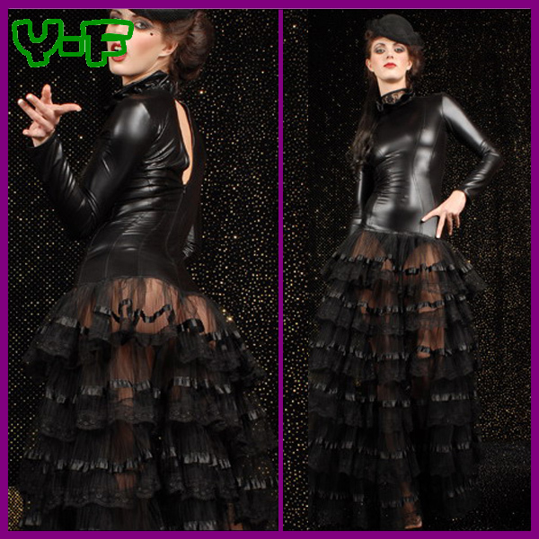 Fashion Black Leather Zipper Lotus Leaf Laciness Skirt Sexy Fashion One-piece Dress YF6119 + Free Shipping + Fast Delivery