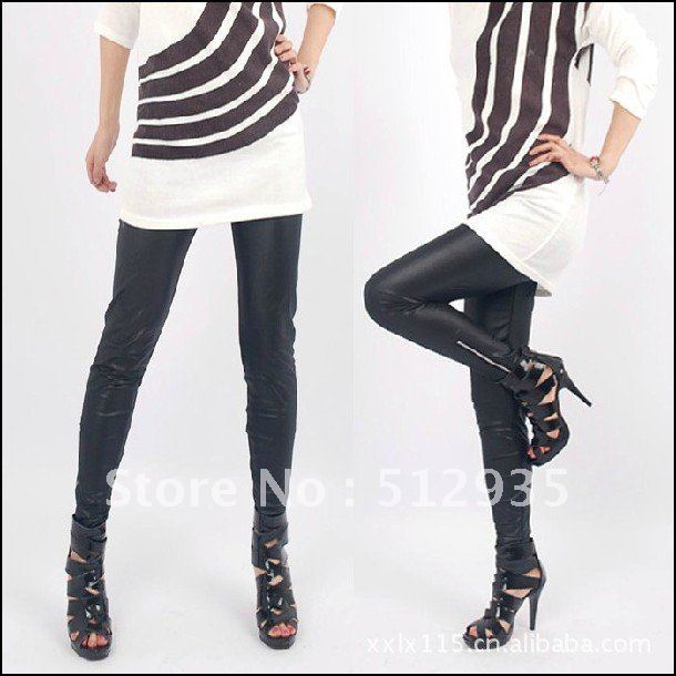 fashion BLACK matt imitation leather black pu leggings Wholesale & Retail  fake leather Women ninth pants with silver zipper