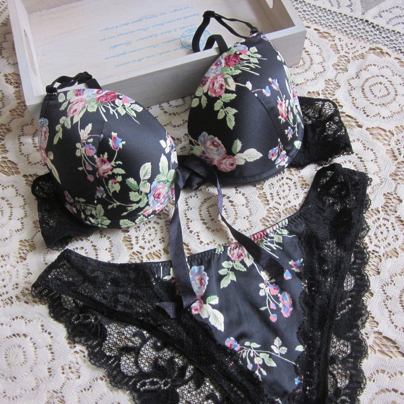 Fashion black print thin thick lace push up sexy bra underwear set