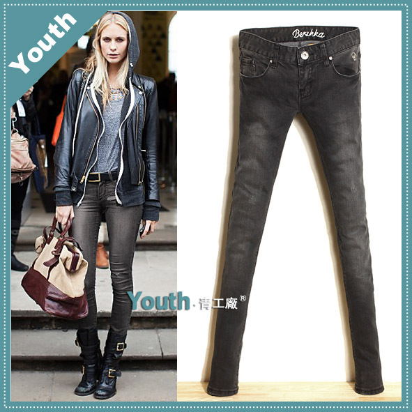 Fashion black skull embroidery jeans female skinny pants low-waist pencil pants trousers