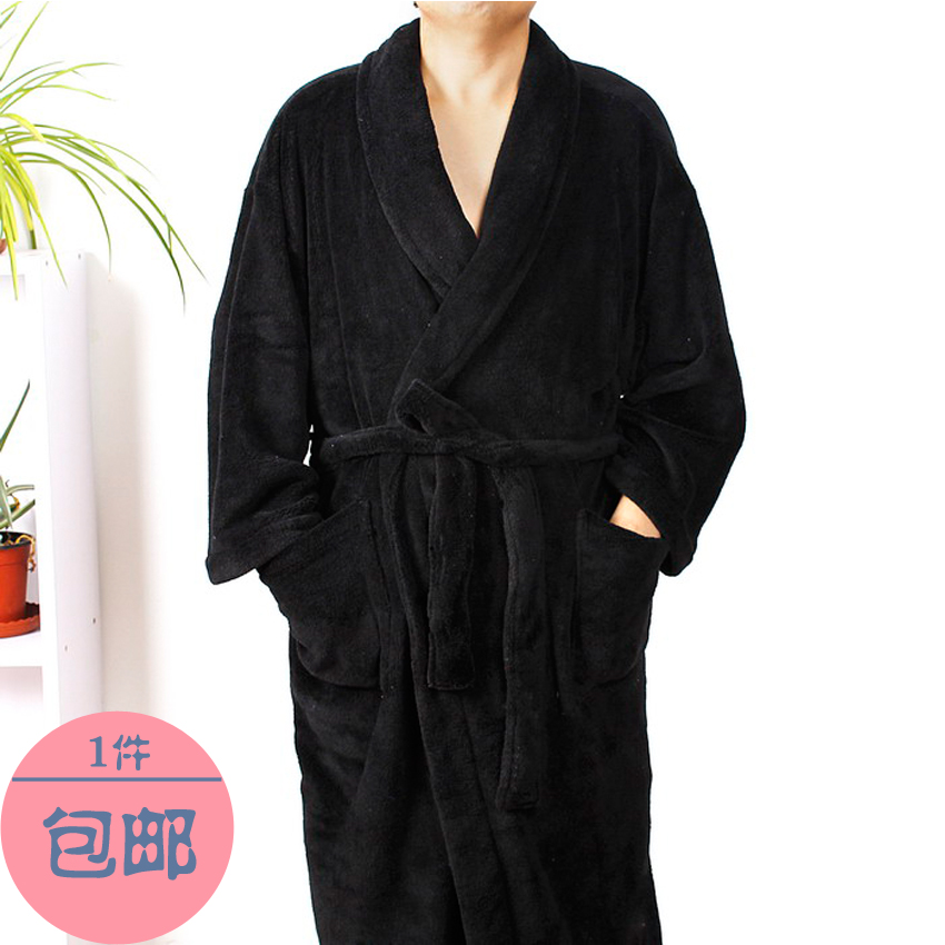 Fashion black thickening coral fleece male long design lounge robe sleepwear