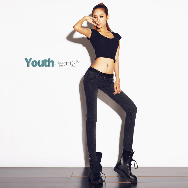 Fashion black wearing white youoccasionally rose skinny jeans pants low-waist tight pencil pants trousers