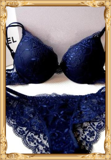 Fashion blue full lace thin thick female lingerie bra three quarters cup set sex underwear