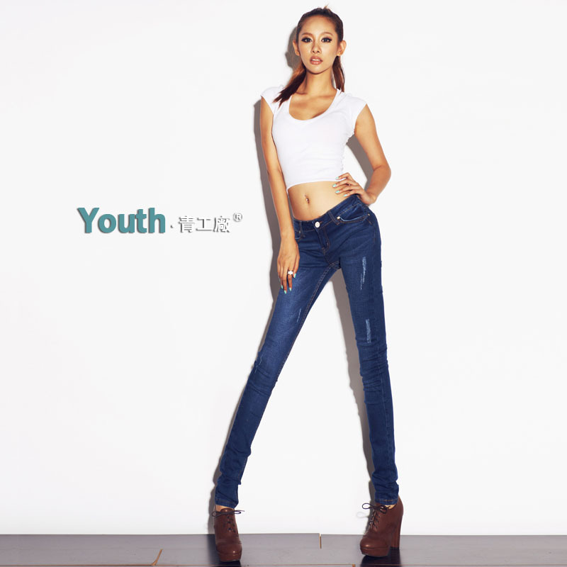 Fashion blue scratches jeans pants low-waist tight pencil pants trousers