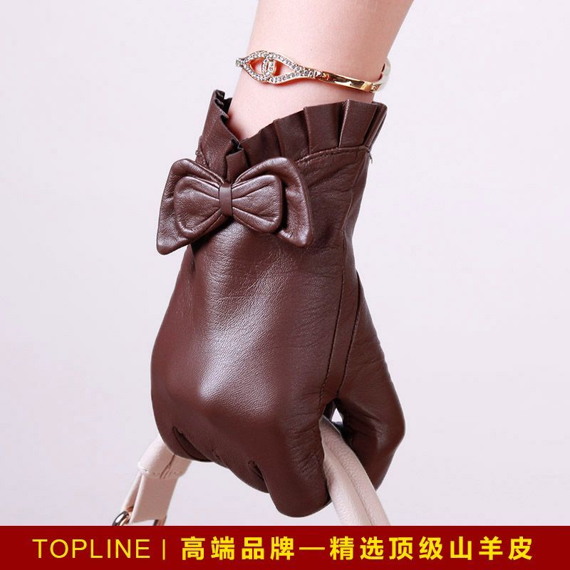 Fashion bow genuine leather brown suede gloves winter women's thermal paragraph