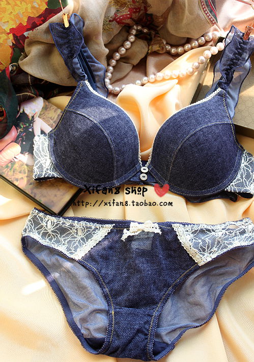 Fashion bra set push up denim material gauze lingerie