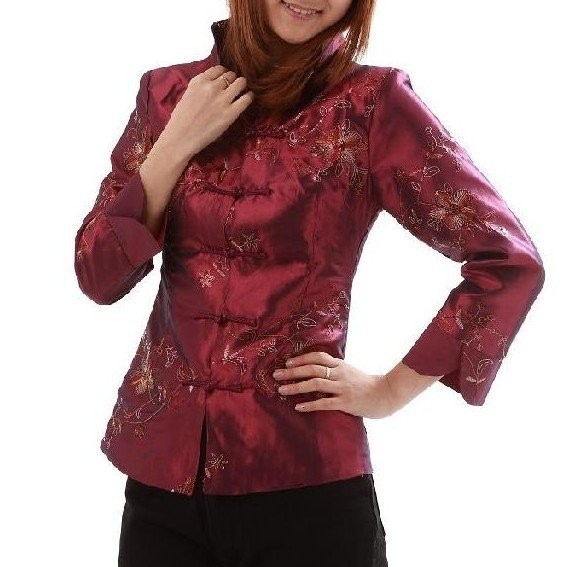 Fashion Burgundy Chinese Women's Silk Satin Jacket Coat Flowers S M L XL XXL XXXL JY033--2