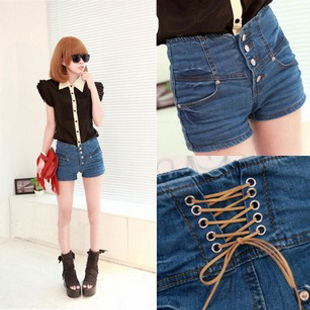 Fashion buttons denim summer women's hot-selling trend fashion high waist lacing denim shorts female /FREE SHIPPING BY CPAM