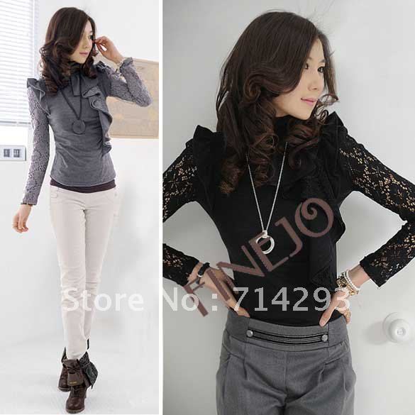 Fashion Casual Women's Lace Standing Collar Long Sleeve T-Shirt  Blouse Two Colors Black, Gray. free shipping 5630