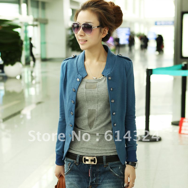 Fashion ce2005 autumn women's solid color stand collar epaulette double breasted short jacket 3